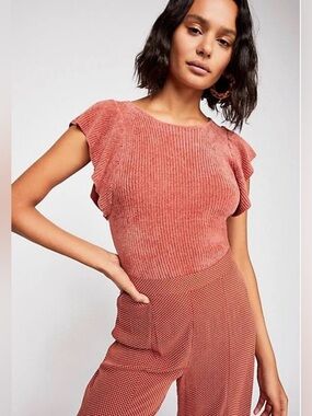 Free People FP One Nikita Ruffle Sleeve Thermal Tee in “Rosie” Size Small